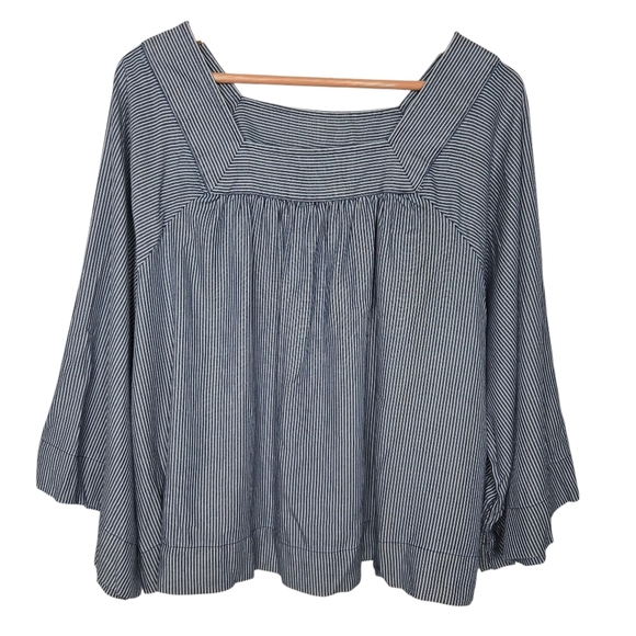 GAP Womens Navy Blue Striped Square Neck Flare Sleeve Lyocell Peasant Top Large - Picture 1 of 8